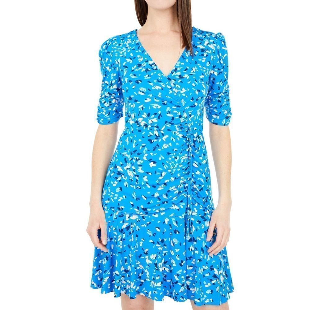 Vince Camuto Printed V-Neck Ruched Dress Elbow Sleeves Blue Size 4 MSRP $138